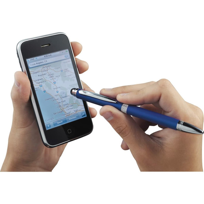 A blue metal stylus pen is being used on a smartphone displaying a map. The pen features a logo.