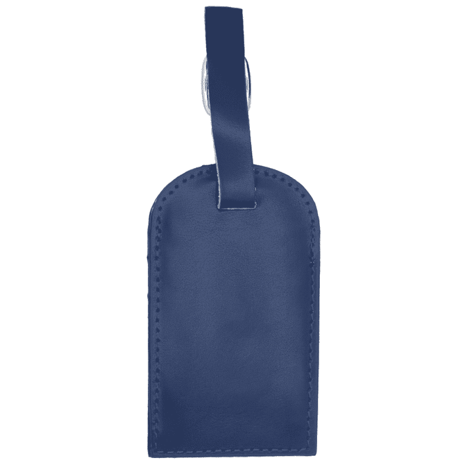 A navy blue luggage tag made of leather with a strap for attachment. It features a logo on the surface.