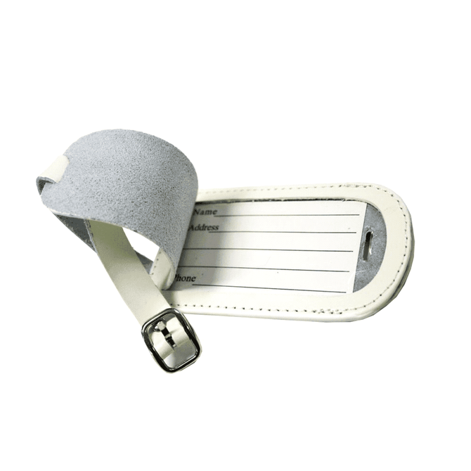 A grey and white coloured luggage tag with a smooth surface and an adjustable buckle strap for attachment.