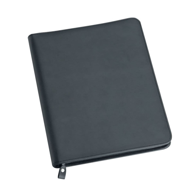 A black imitation leather zip compendium with a smooth finish and a silver zip closure. Features a logo.