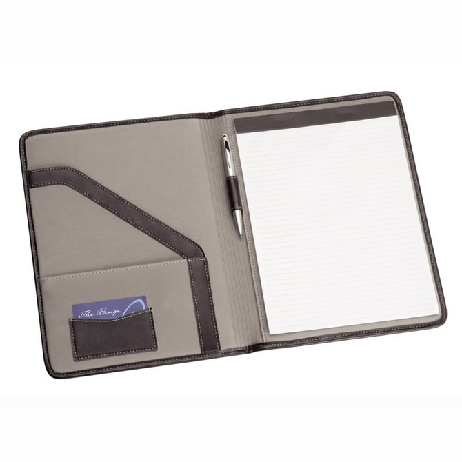 A4 pad cover in grey and black with a pen, notepad, and card pocket. Includes a branded logo.