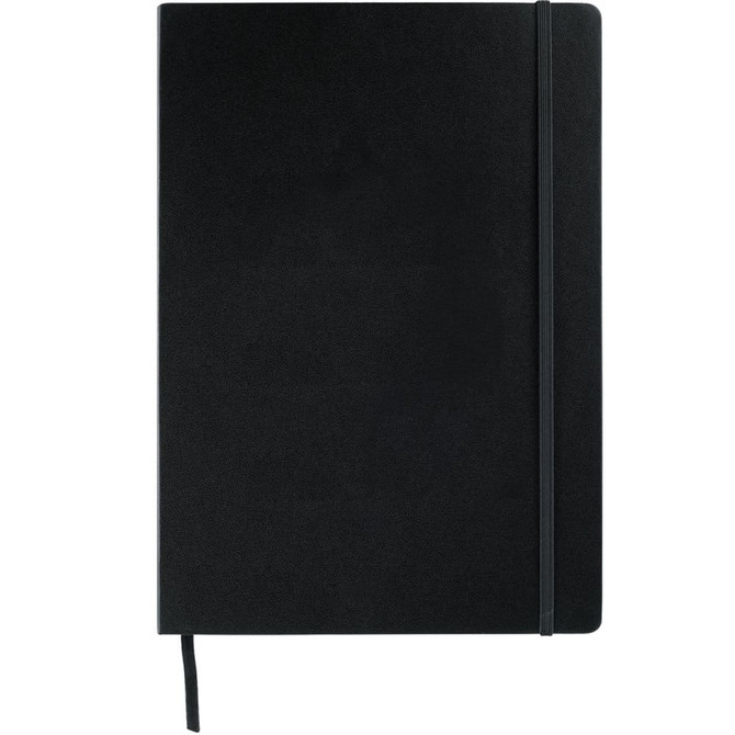 A black bound journal with a strap closure and a ribbon marker, featuring a logo on the cover.