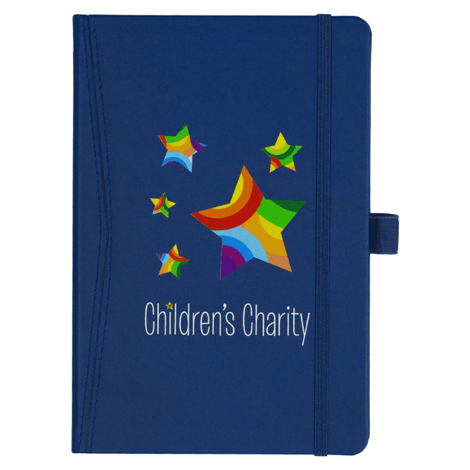 A blue bound journal with a decorative star design and a logo. It has an elastic closure and is pocket-sized.