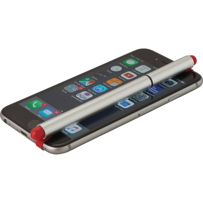 A stylus pen in silver with red accents rests on top of a smartphone, featuring a logo on the pen.