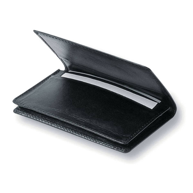 A black business card holder with an open design and a slot for holding cards. It features a sleek and professional look.