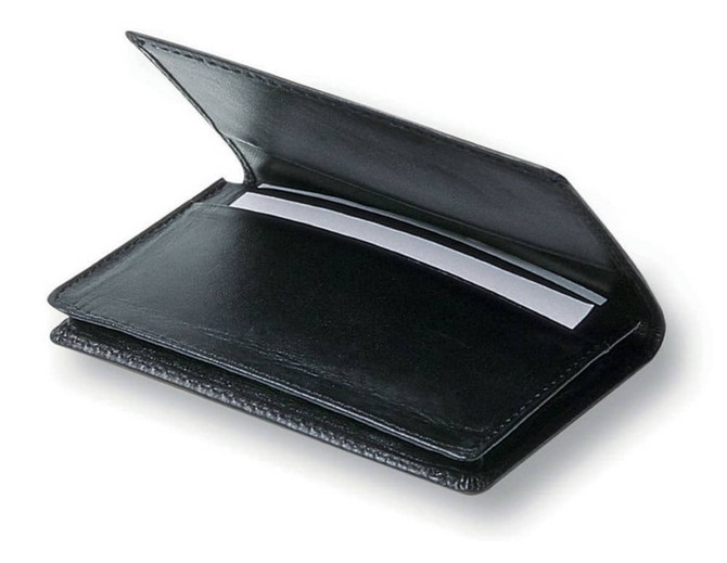 A black leather business card holder featuring two slots for cards and an open design.