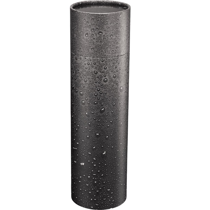 A drink bottle in a sleek black tube gift box, featuring a textured surface with water droplets.