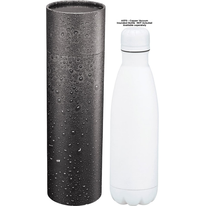 A drink bottle and a grey tube gift box, featuring a textured design with droplets. The bottle is white and insulated.