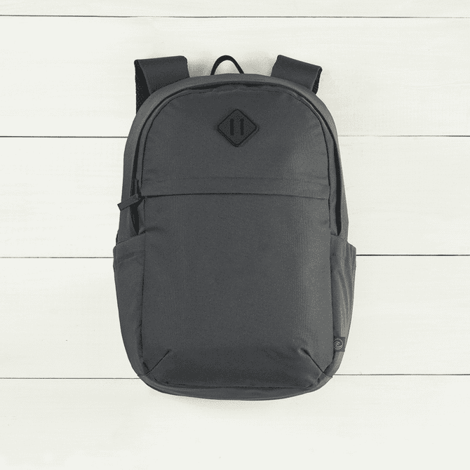 A dark grey backpack made of recycled material, featuring a front pocket and side compartments, with a logo.