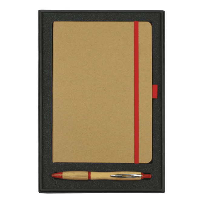 A gift set featuring a brown journal with red accents and a bamboo pen, presented in a black box.
