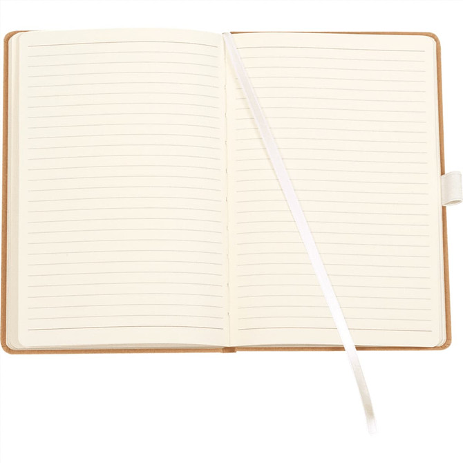A JB1022 Colour Bound Journal with lined pages and a ribbon bookmark. Features a brown cover with a logo.