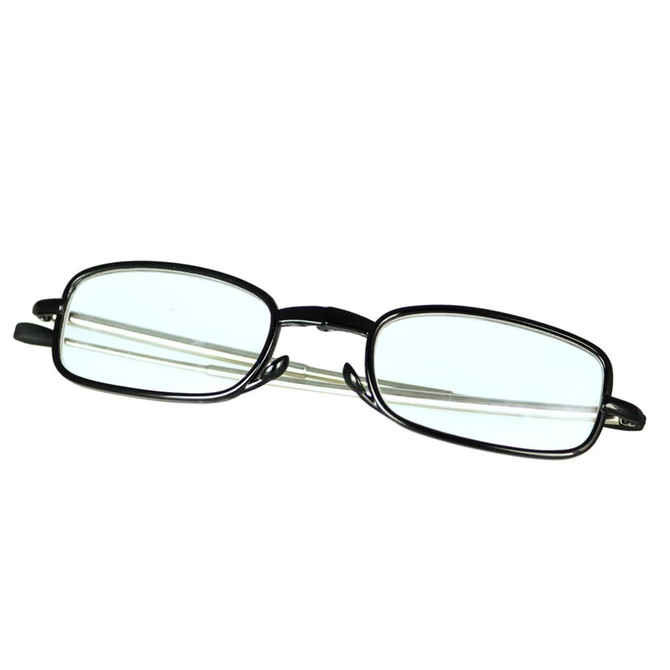 Folding reading glasses with a black frame and clear lenses, featuring a slim design.