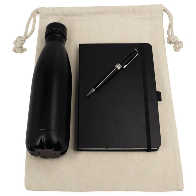 A cotton drawstring bag containing a black insulated bottle, a black journal, and a silver pen.