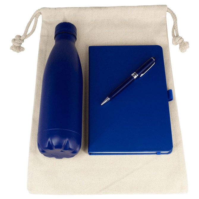 A cotton drawstring bag holds a blue insulated bottle, a blue journal, and a pen.