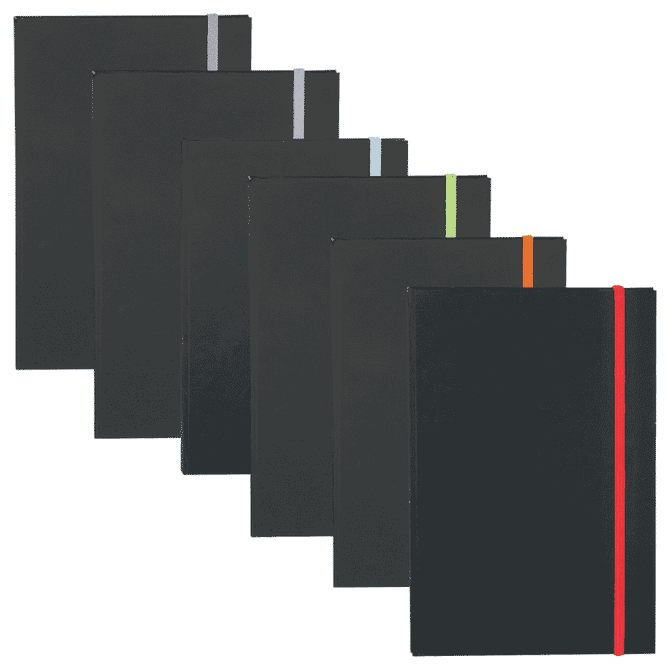 A collection of black journals with vibrant elastic bands in various colours: red, orange, green, blue, purple, and light blue.
