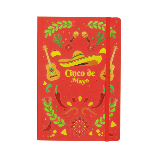 A red notebook featuring decorative illustrations related to Cinco de Mayo, including guitars, a sombrero, and vibrant motifs.