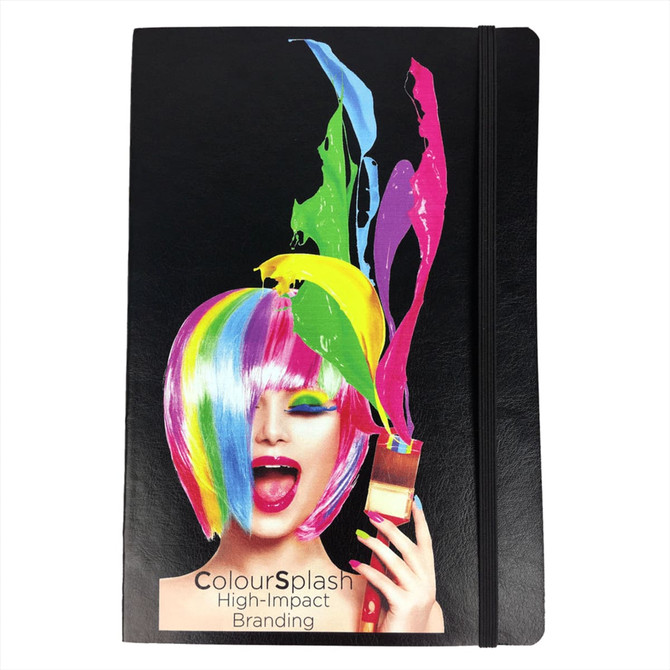 A black bound journal with a vibrant, graphic design featuring a woman with a colourful hairstyle and paint splashes.