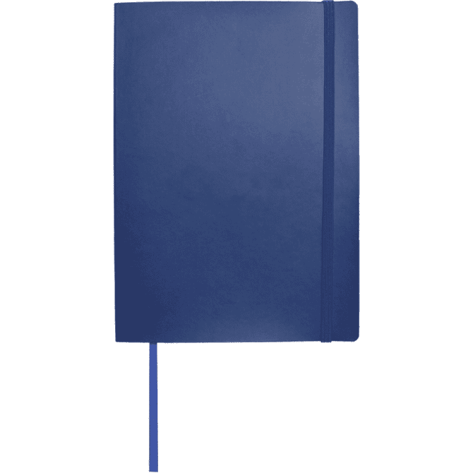 A large navy blue bound journal with an elastic closure and a ribbon bookmark. It features a logo on the cover.