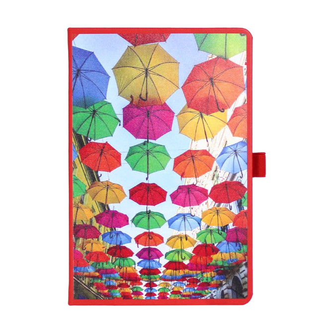 A vibrant notebook featuring a design with colourful umbrellas in red, green, orange, and blue. It has a logo on the cover.