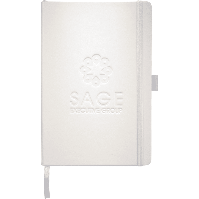 A white Nova Bound JournalBook with an embossed logo and a ribbon bookmark.
