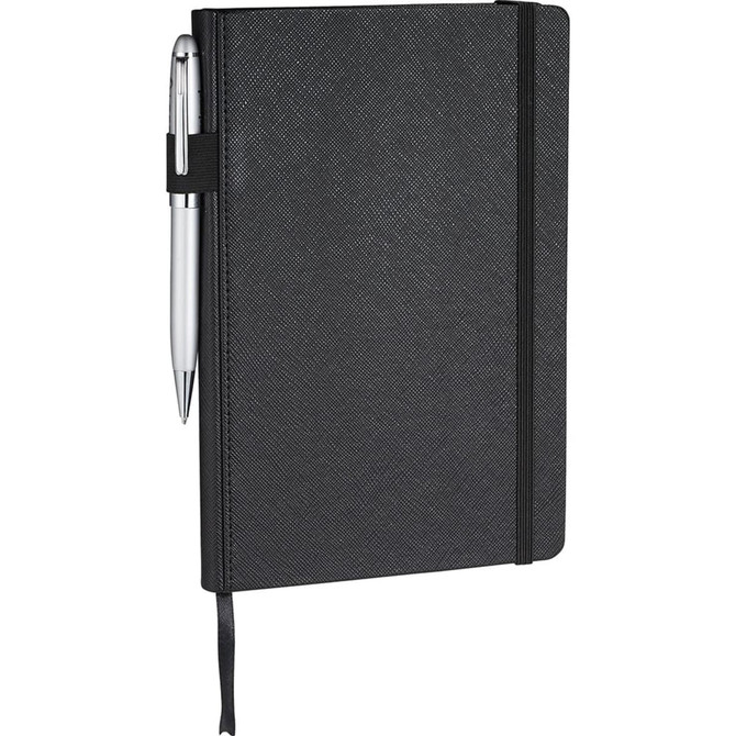 A black journal notebook with a pen, featuring an elastic band and ribbon bookmark. It has a branded logo.