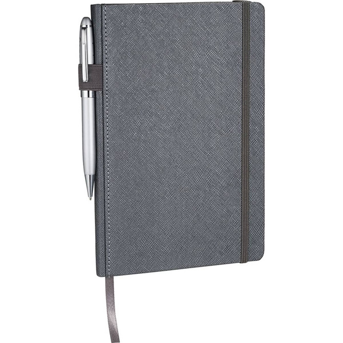 A grey notebook with a textured cover, elastic band, and a pen attached, featuring a ribbon bookmark.