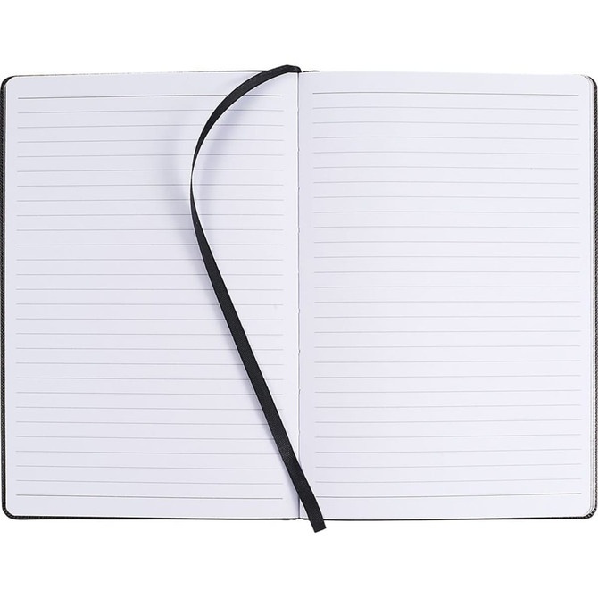 A blackbound journal with lined pages and a ribbon bookmark, open to display the interior.