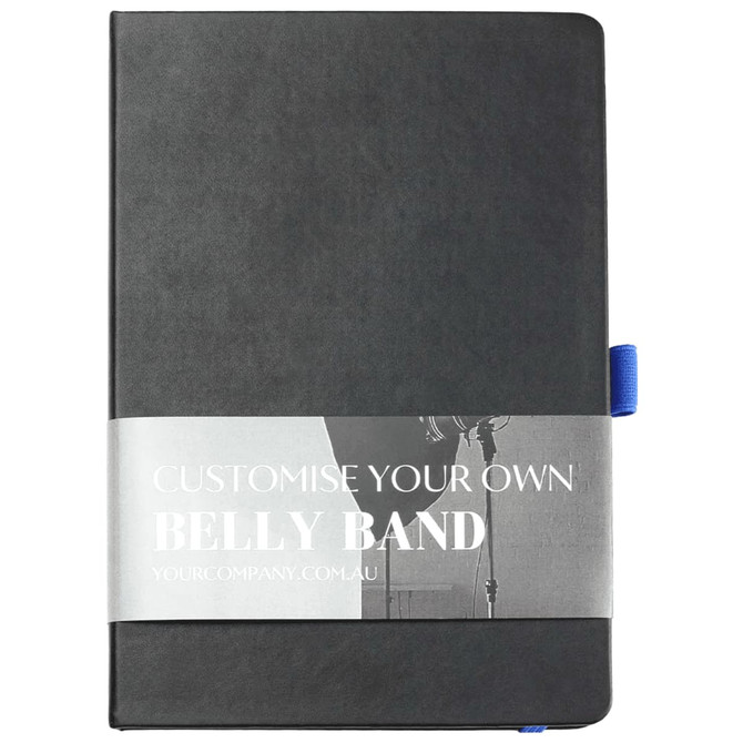 A black bound journal with a blue ribbon bookmark and a removable belly band for customisation.