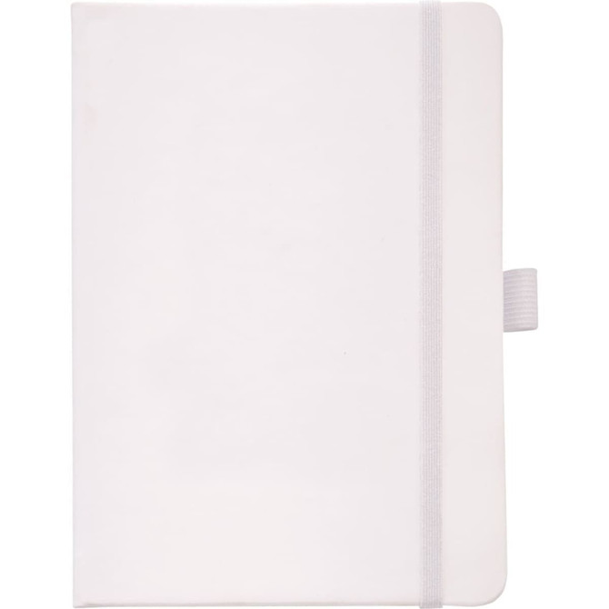 A white hard-bound journal with a grey elastic strap and a branding logo on the front cover.