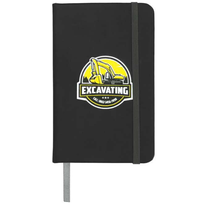 A black pocket notebook with a logo featuring a yellow excavator and an elastic band closure.