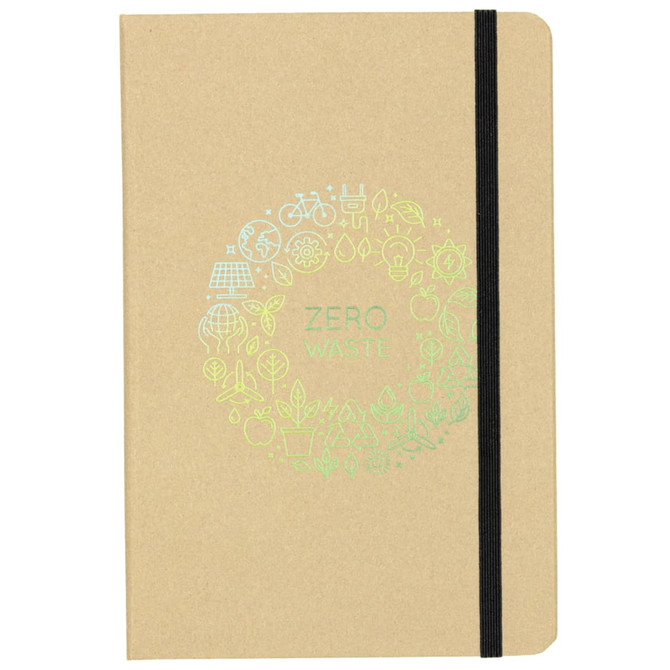 A tan A5 journal with a black elastic band, featuring a circular design and green graphics related to sustainability.