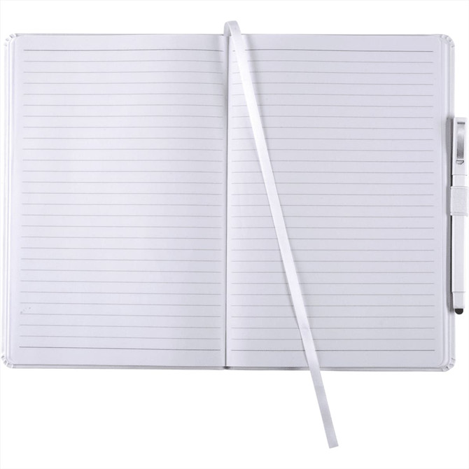 A large hard-bound journal in white with lined pages, a ribbon placeholder, and a pen holder.