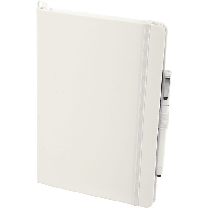 A white hardbound journal with an elastic band and a pen attached, featuring a logo on the cover.