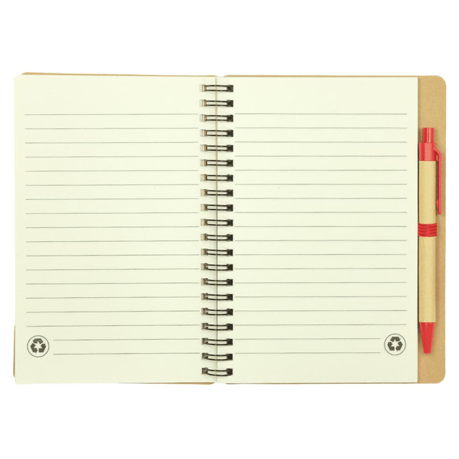 A spiral-bound notebook with lined pages and a red ballpoint pen, featuring a tan cover.