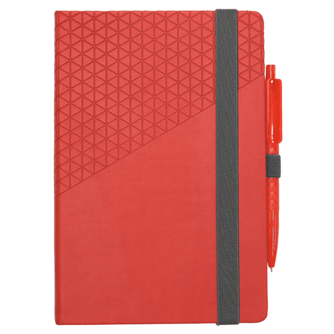 A red geometric-patterned notebook with a grey elastic band and an orange pen attached.