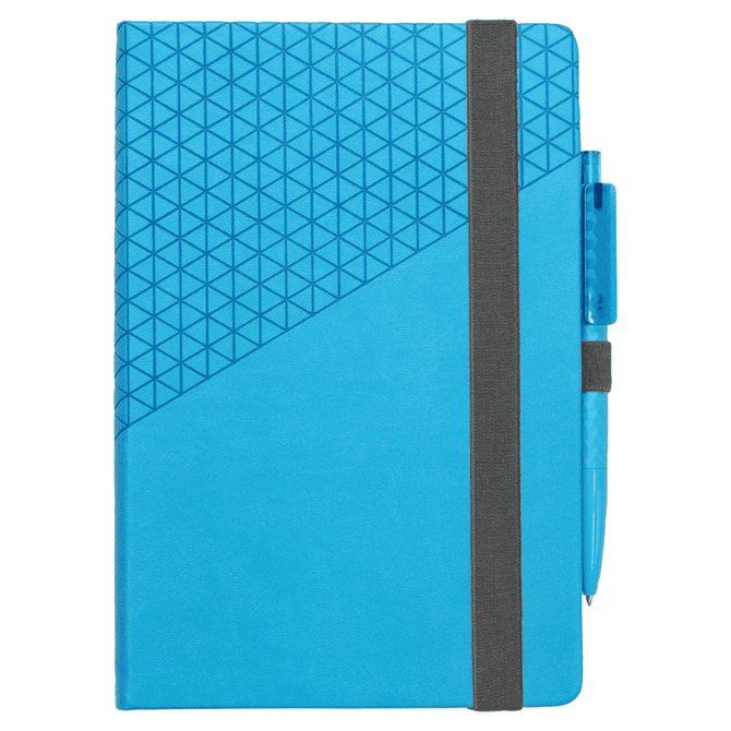 A blue notebook with a textured geometric design and a matching blue pen, secured with a grey elastic band.