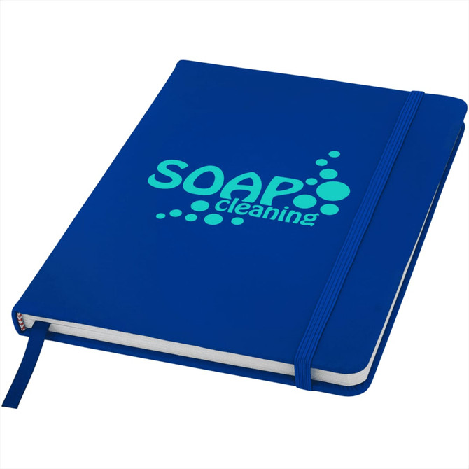 A blue hard cover notebook featuring an elastic band and a branding logo on the front cover.
