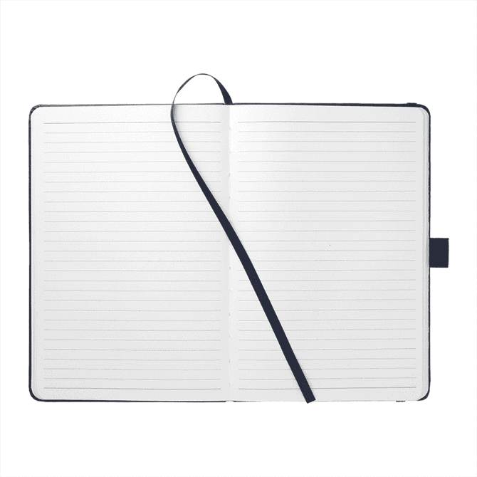 A navy recycled A5 notebook with lined pages and a black ribbon marker, featuring a bookmark.