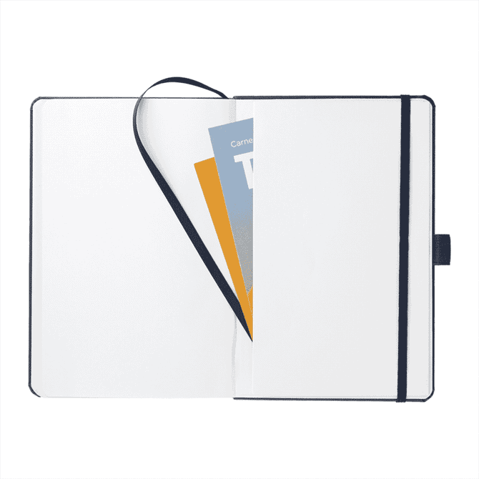 A dark blue A5 notebook with an elastic band, featuring a blank interior and an inner pocket for inserts.