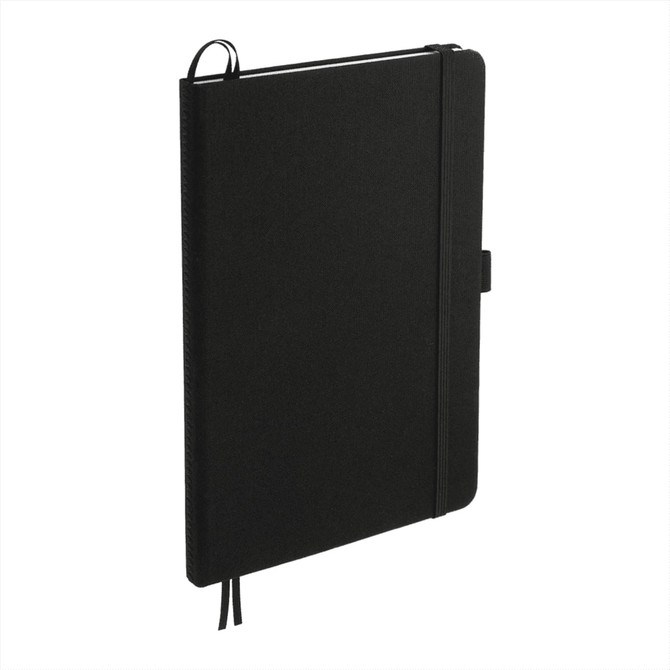 A black notebook with a ribbon closure, featuring a logo and a sleek, minimalist design.