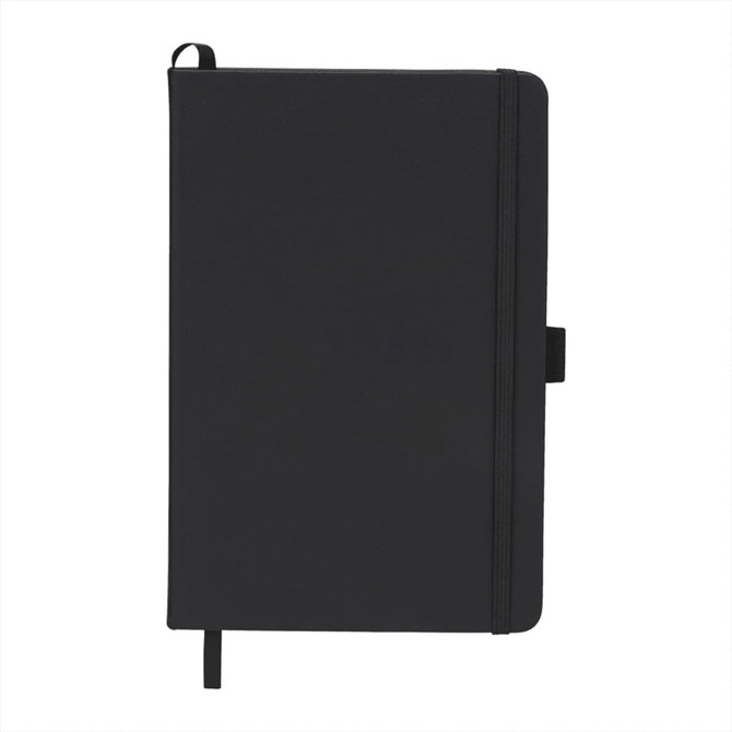 A black, leather-bound journal with a ribbon bookmark and an elastic band closure. Features a branding logo.