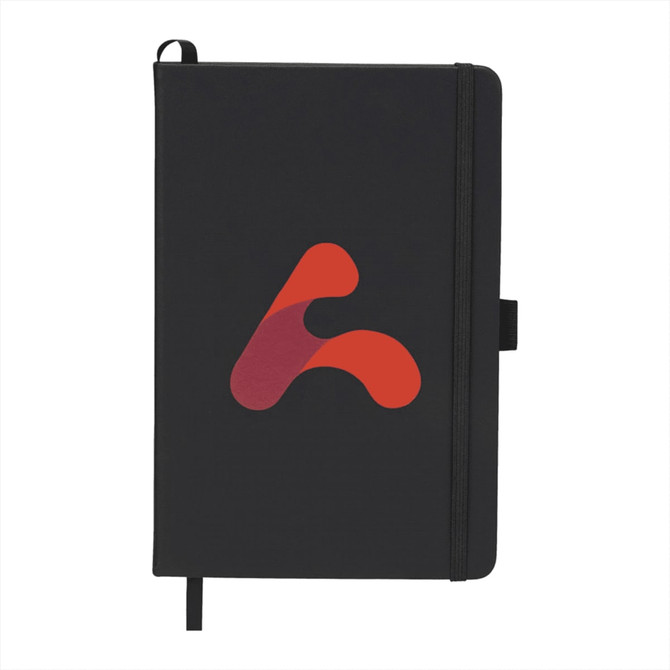 A black leather bound journal with a colourful logo on the front and an elastic band closure.
