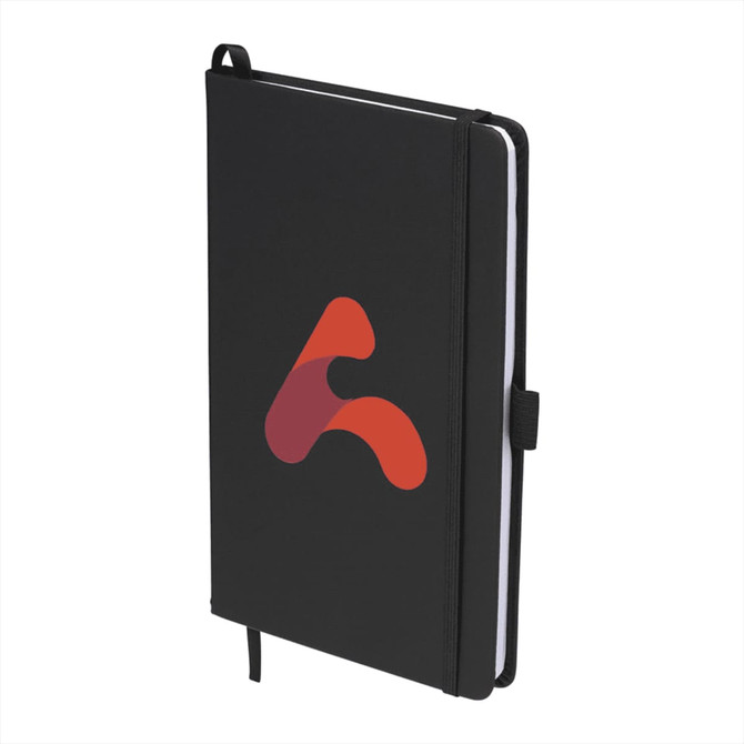 A black leather-bound journal with a logo on the front cover and an elastic band closure.