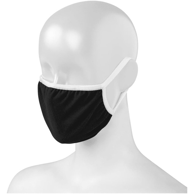 A black face mask displayed on a mannequin head, featuring elastic ear loops and a contrasting white trim.