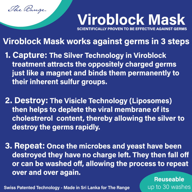 A Viroblock face mask in black, featuring a logo, designed for protection against germs. Reusable up to 30 washes.