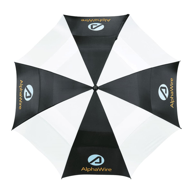 A vented golf umbrella featuring black and white panels and a logo.