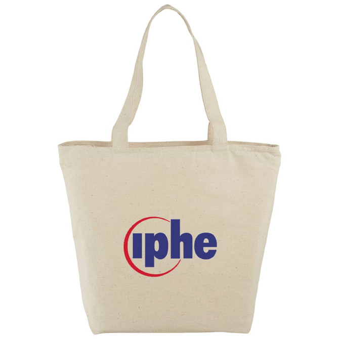A cream cotton tote bag with a zippered top and sturdy handles. It features a logo on the front.
