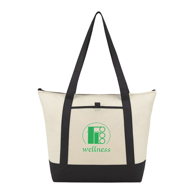 A beige non-woven tote cooler bag with black accents and a logo on the front. Holds 24 litres.