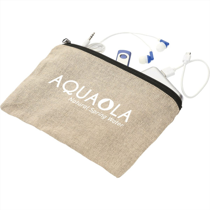 A beige recycled cotton twill pouch with a zipper, containing earphones and charging cables. It features a logo.