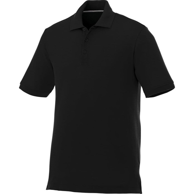 A black short sleeve polo shirt for men featuring a collar and three-button placket, with a logo on the chest.